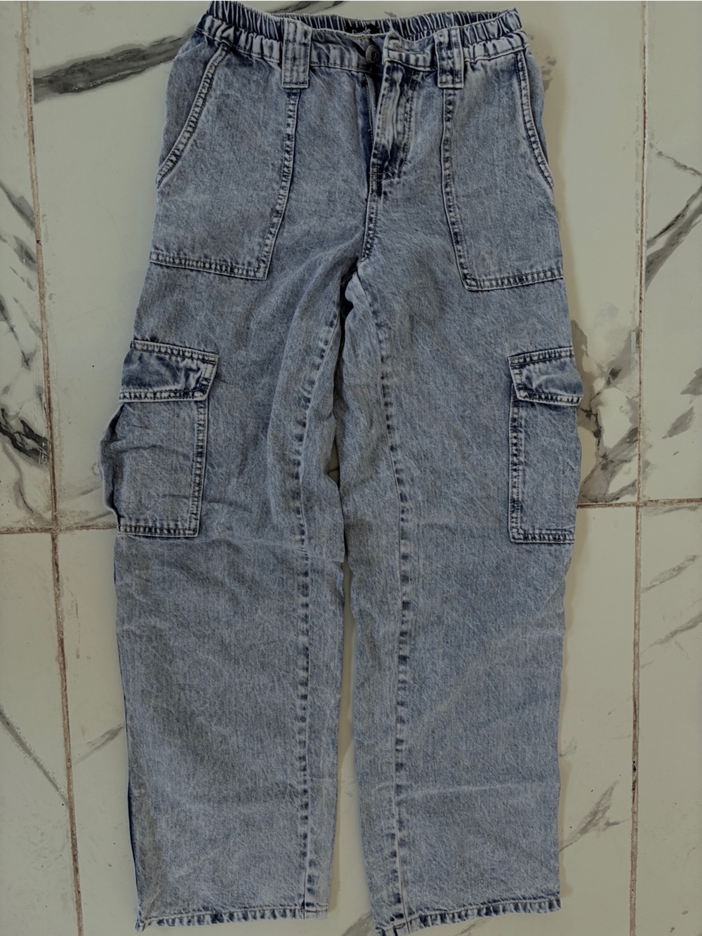 Society Light Blue Elastic Waist Denim Cargo Jeans